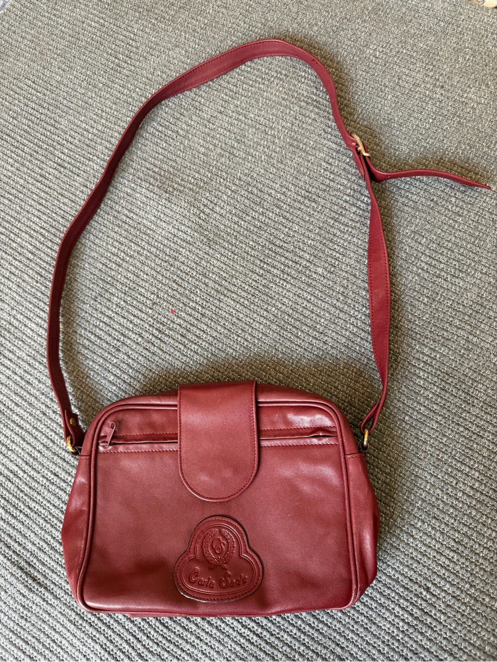 Structured Burgundy Leather Crossbody Bag with Front Logo Patch